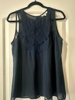 Kenar Navy Embroidered Sheer Yoke Camisole